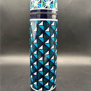 Tory Burch Blue Geometric Stainless Steel Vacuum Seal Flask Thermos Bottle 17 oz